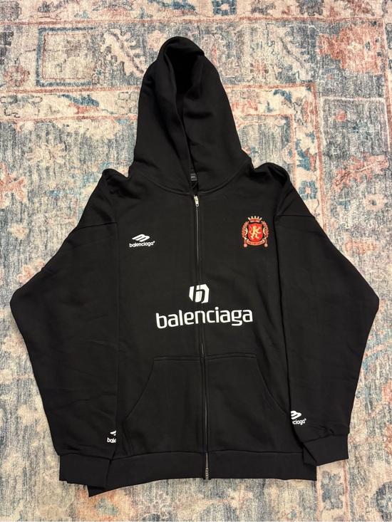 Balenciaga Other - Balenciaga Black Full-Zip Hoodie with White Logo and Red Crest